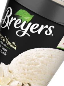 A tub of Breyers frozen vanilla ice cream, showcasing its creamy texture and labeled as the best ice cream choice.