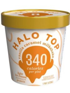  Creamy Halo Top vanilla caramel milkshake topped with whipped cream, showcasing the best ice cream indulgence.