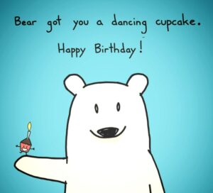 A cheerful bear presents a dancing cupcake, celebrating a joyful birthday with vibrant colors and festive decorations.